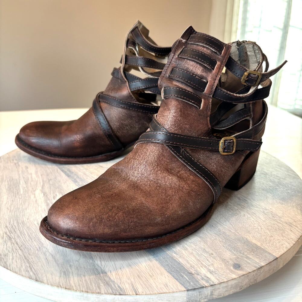 Freebird Stair Booties Size 10 Brown Leather Strappy Harness Western Ankle Boots
